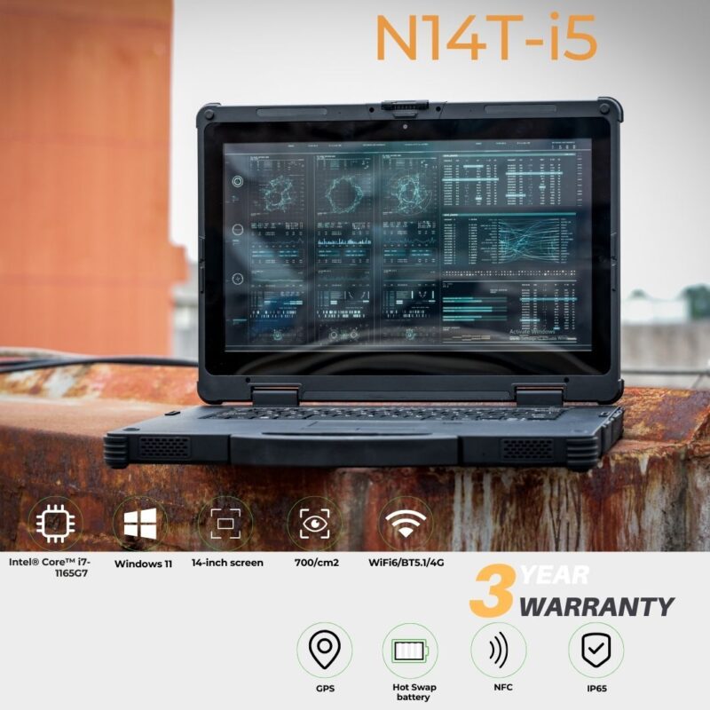 ONERugged i5 14″ Industrial Rugged Laptop – Windows 11 Pro | 16+256 | +4G Hot Swappable Battery with Options (N14T-i5)